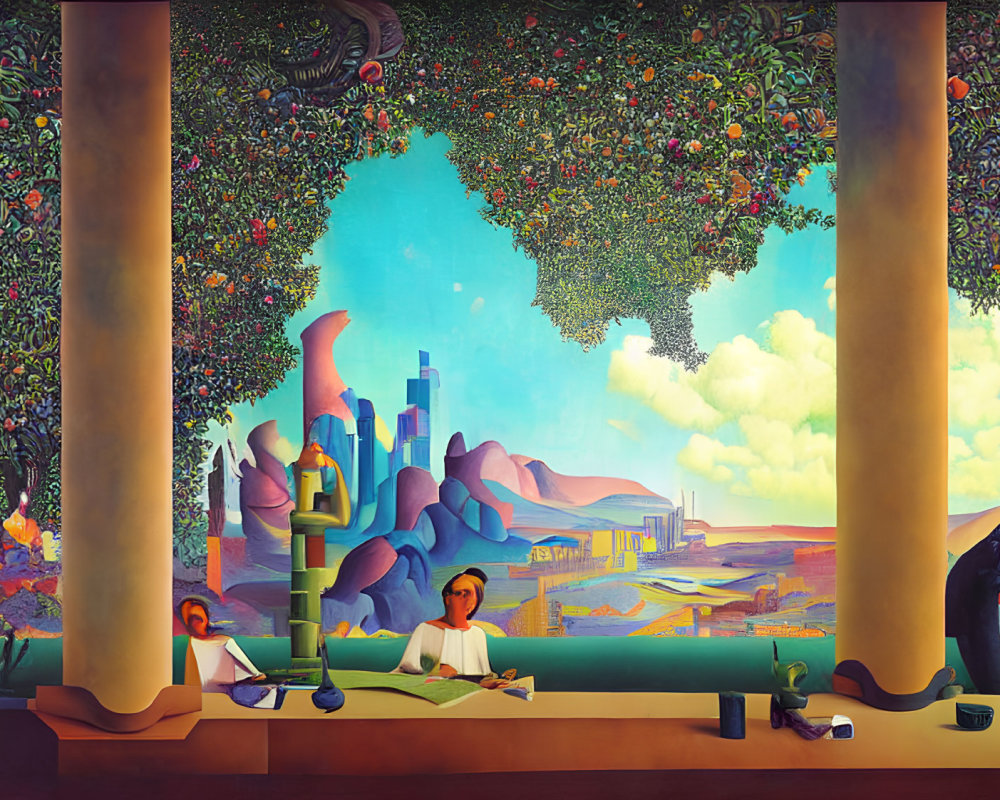 Colorful mural of orchard, cityscape, people at counter, contemplative figure