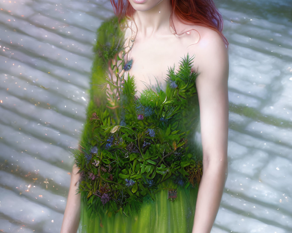 Red-haired woman in green gown in mystical forest scene