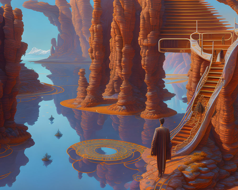 Person in cloak on rock formation gazes at surreal landscape with orange pillars, reflective water, futuristic structures