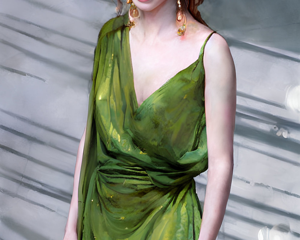 Ginger-Haired Woman in Green Dress with Butterflies and White Lines