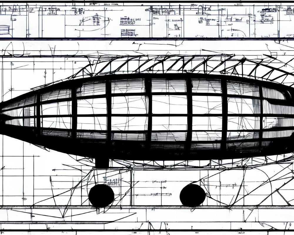 Detailed black and white airship blueprint with intricate designs.