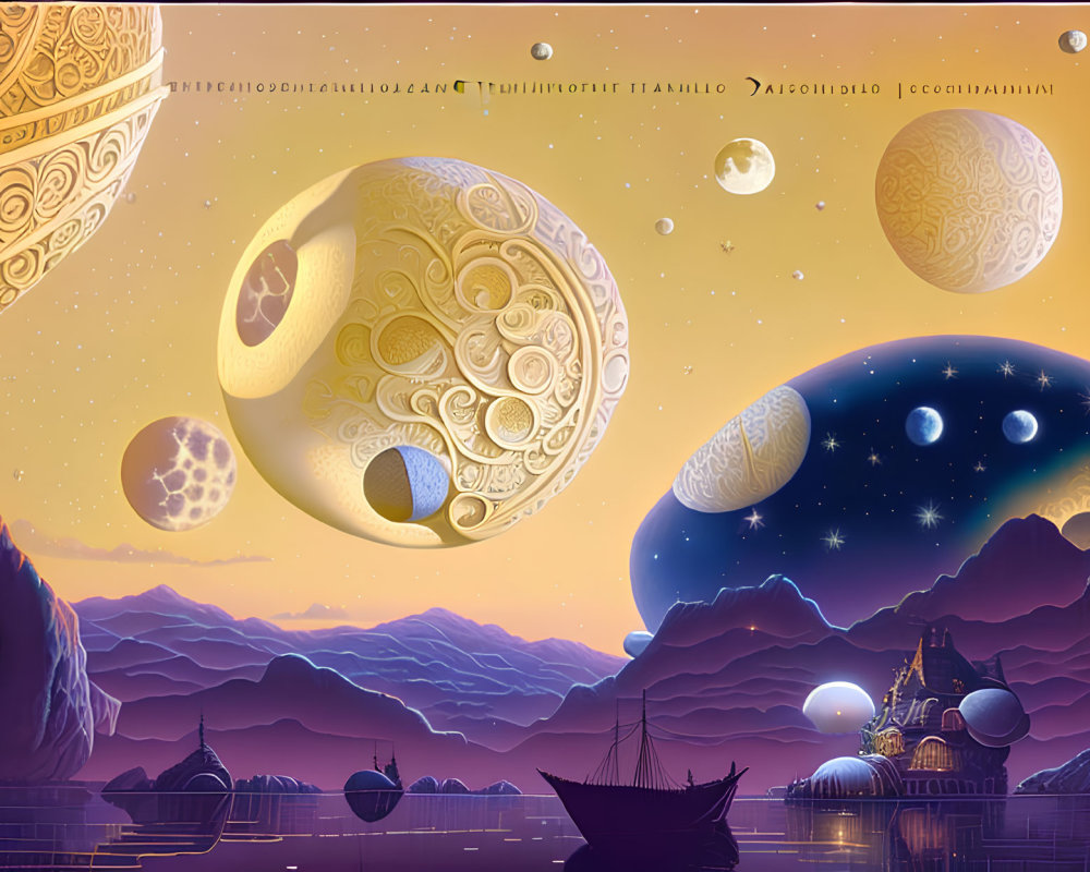 Fantastical landscape with celestial bodies, boat, towers, and mountains at dusk