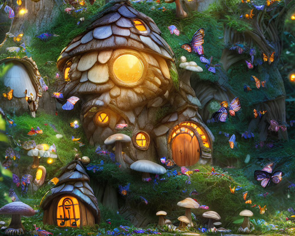 Enchanting forest scene with fairy-tale mushroom house