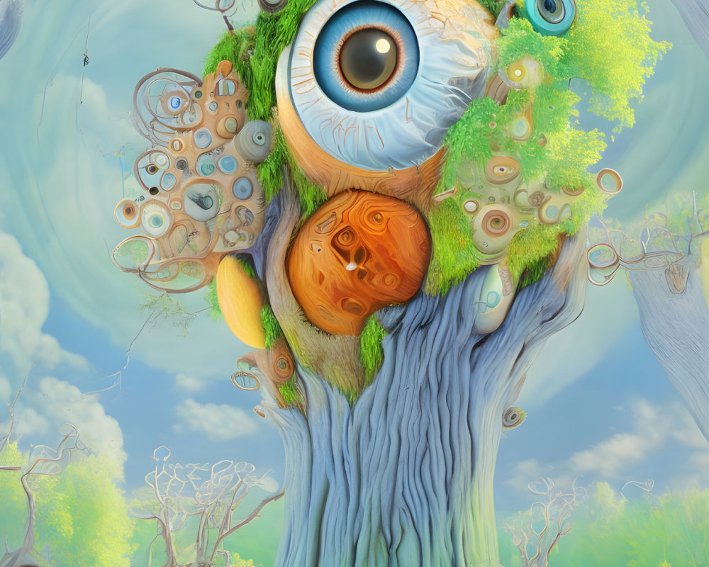 Surreal image of tree with eye crown in whimsical landscape