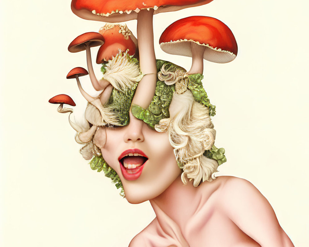 Surreal illustration: person with mushroom and foliage head