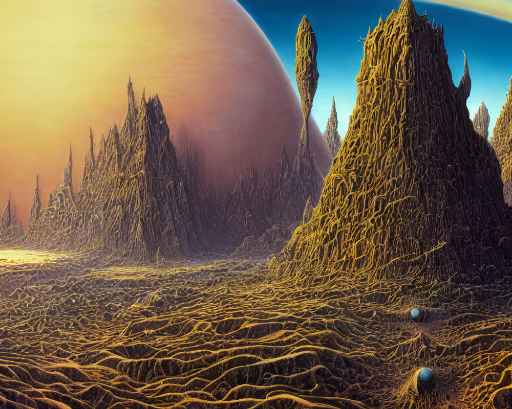 Surreal alien landscape with jagged rocks, large planet, and intricate patterns