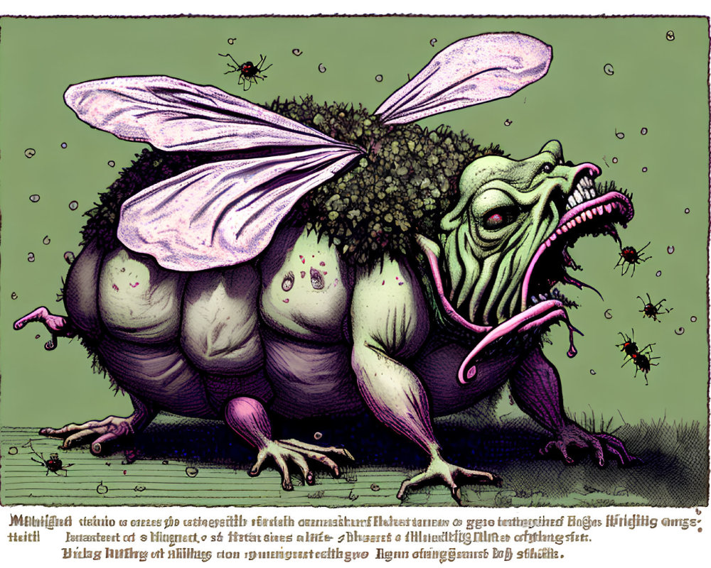 Grotesque creature with moth wings in ancient text backdrop