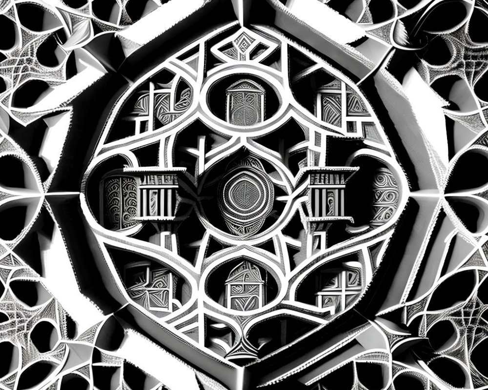 Monochrome fractal pattern with intricate geometric shapes