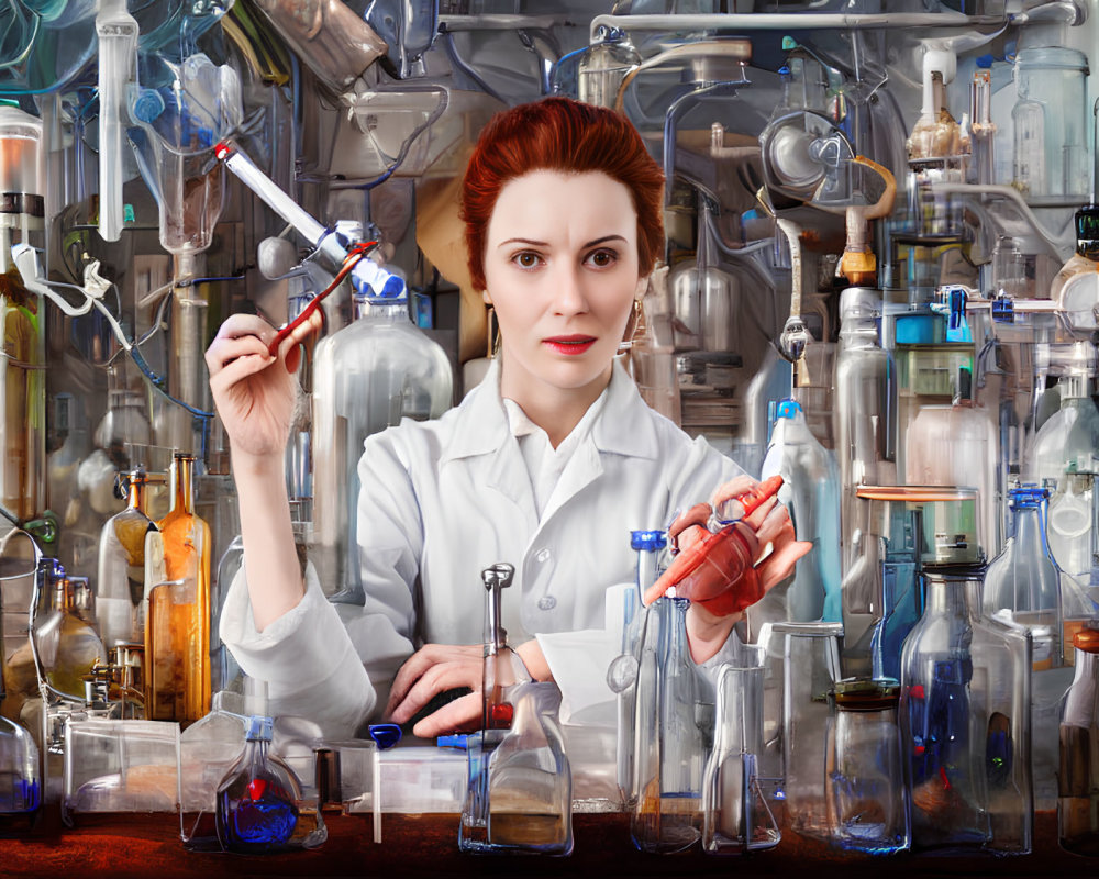 Female scientist in lab coat with glass equipment and chemicals analyzing sample with pipette.