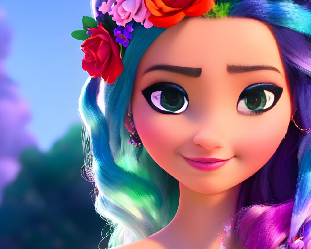 Vibrant blue-haired animated girl with floral crown in purple attire