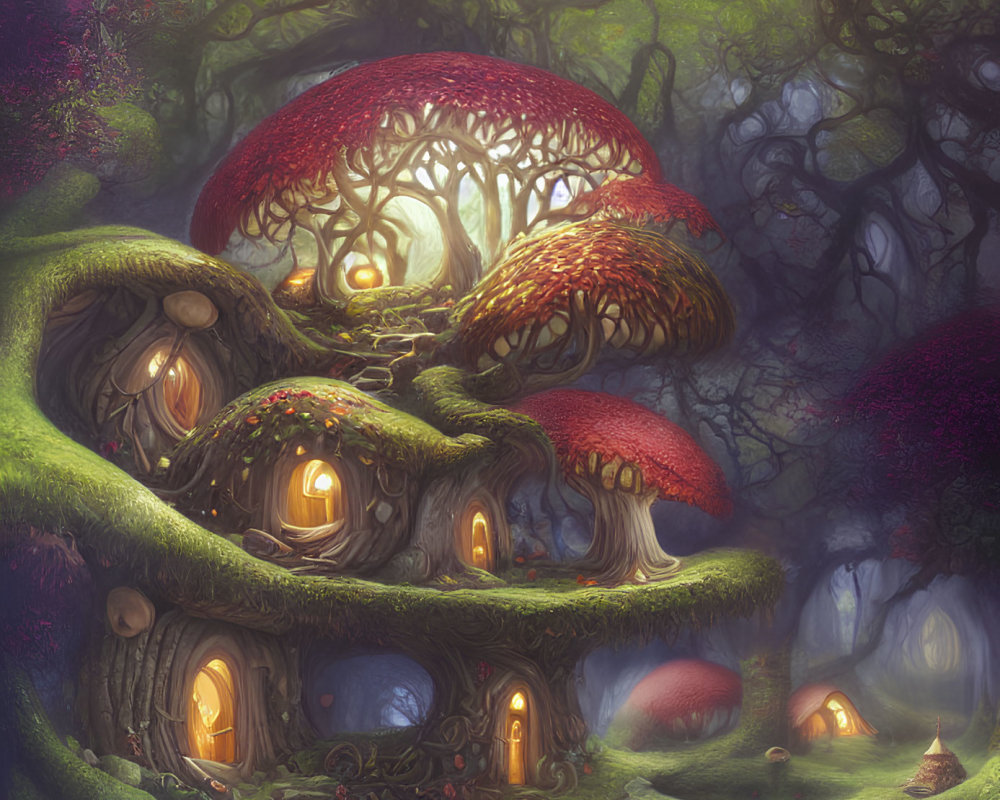 Enchanting fairy-tale treehouse with mushroom roofs in lush forest