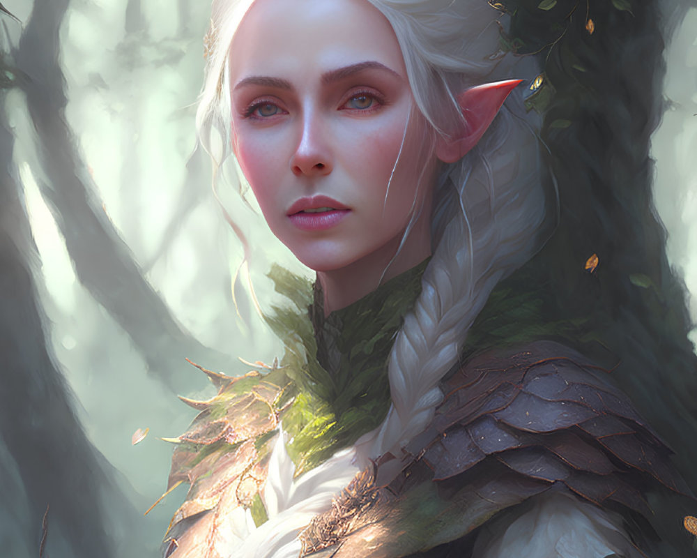 Ethereal elf with blue eyes, leaf armor, in sunlit forest