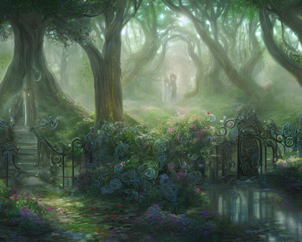 Mystic forest scene with ancient trees, floral gate, soft light, and tranquil pond