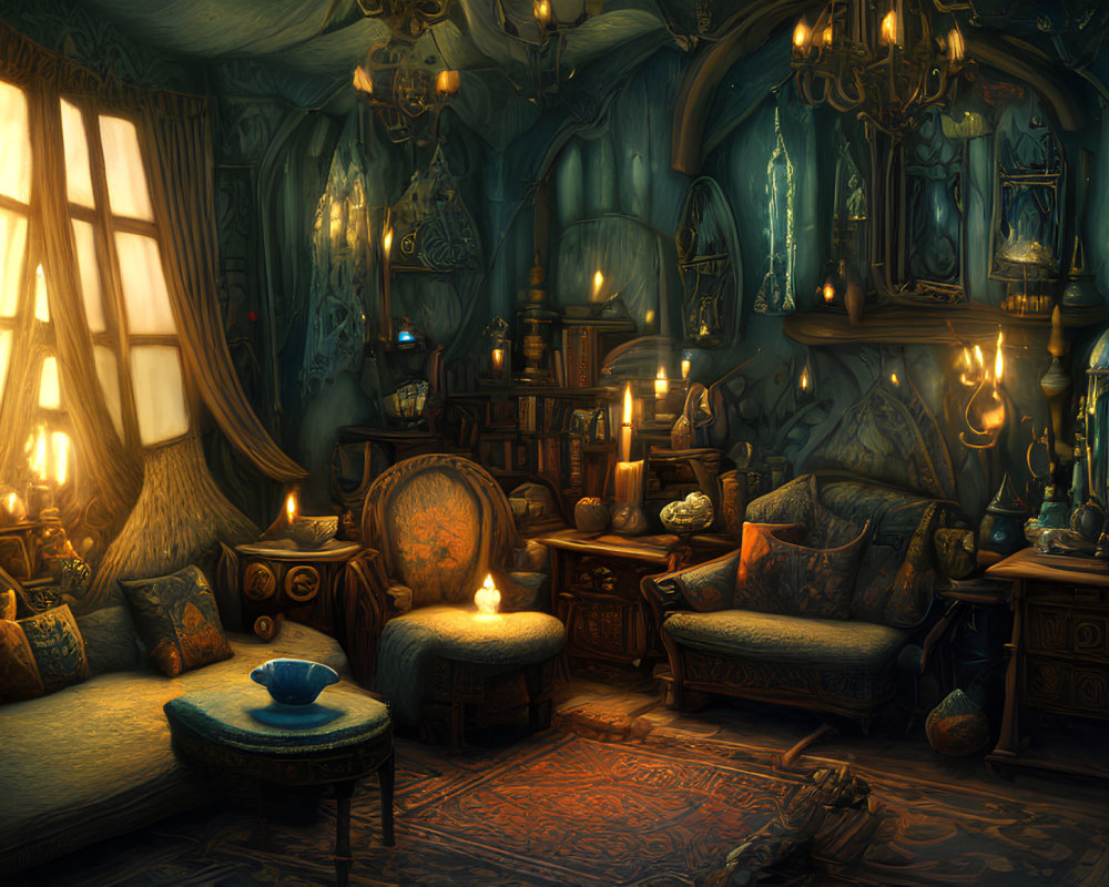 Vintage Room with Ornate Furniture, Armchair, Candles, and Warm Glow