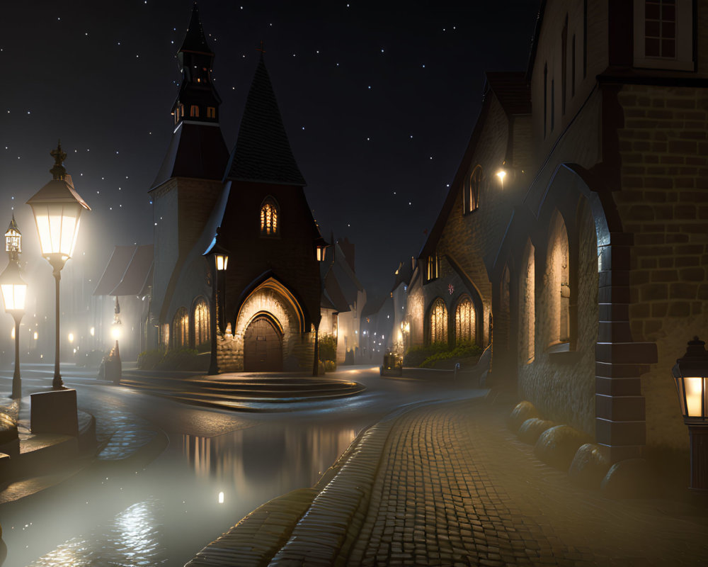 Cobblestone Street at Night with Glowing Lamps and Old Church