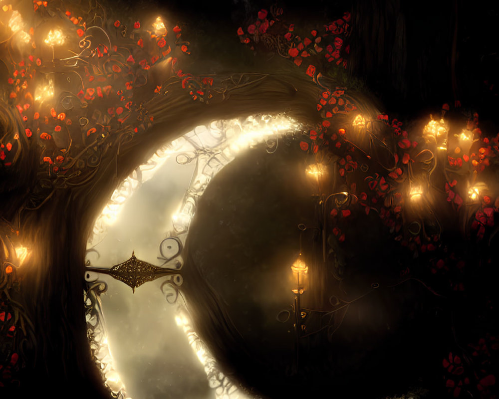 Moonlit forest path with glowing flowers and lanterns: enchanting nighttime scene