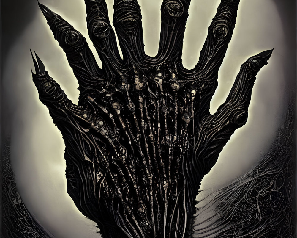 Gothic black hand with claw-like fingers on ominous backdrop