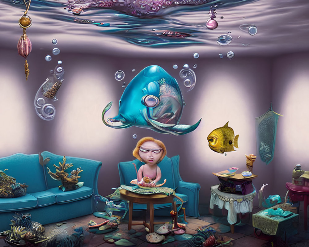 Whimsical underwater room with floating fish and furniture