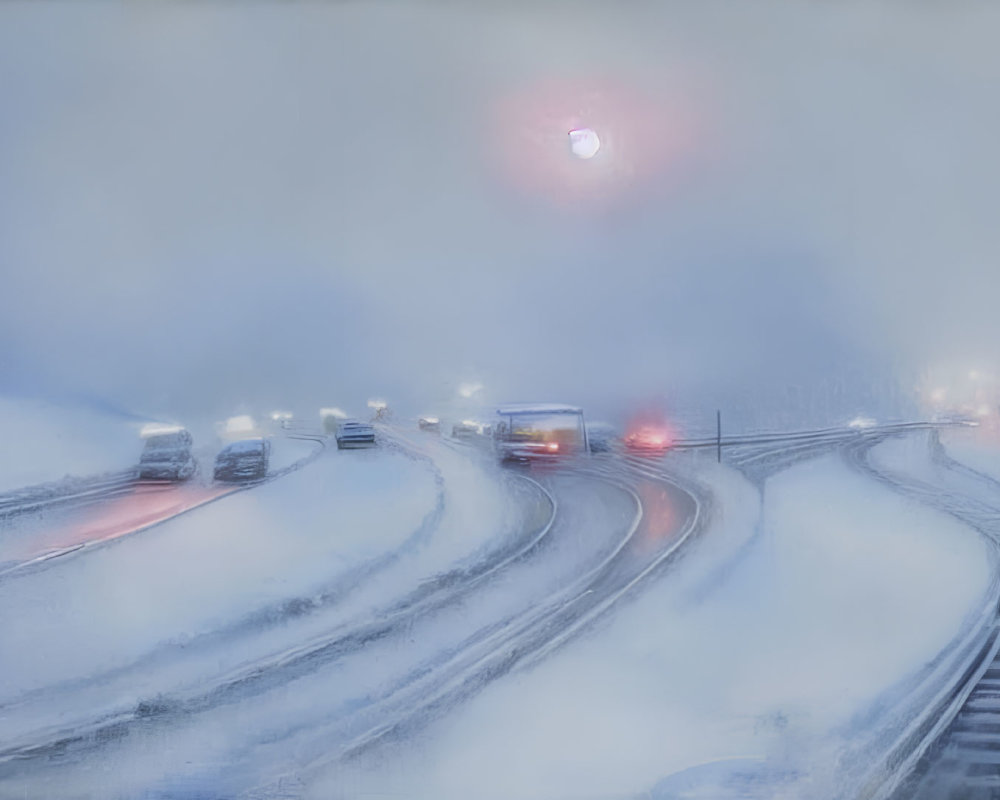 Snowy road with curvy tire tracks under hazy sky and diffused sun