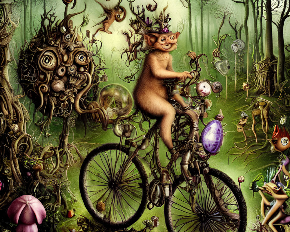 Fantasy scene: creature on bicycle in bizarre forest