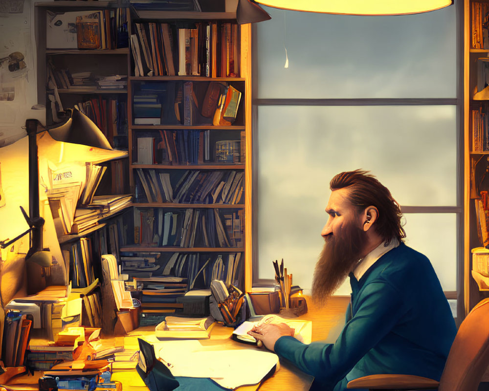 Bearded man writing in cozy, book-filled study