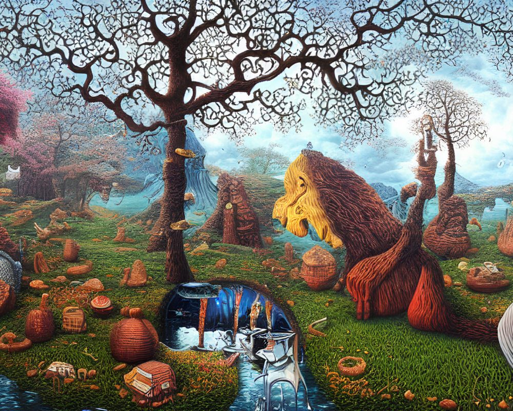 Surreal landscape with anthropomorphic trees and fantastical creatures