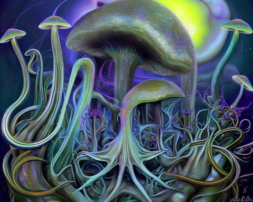 Neon-lit digital art: Oversized luminescent mushrooms in mystical setting