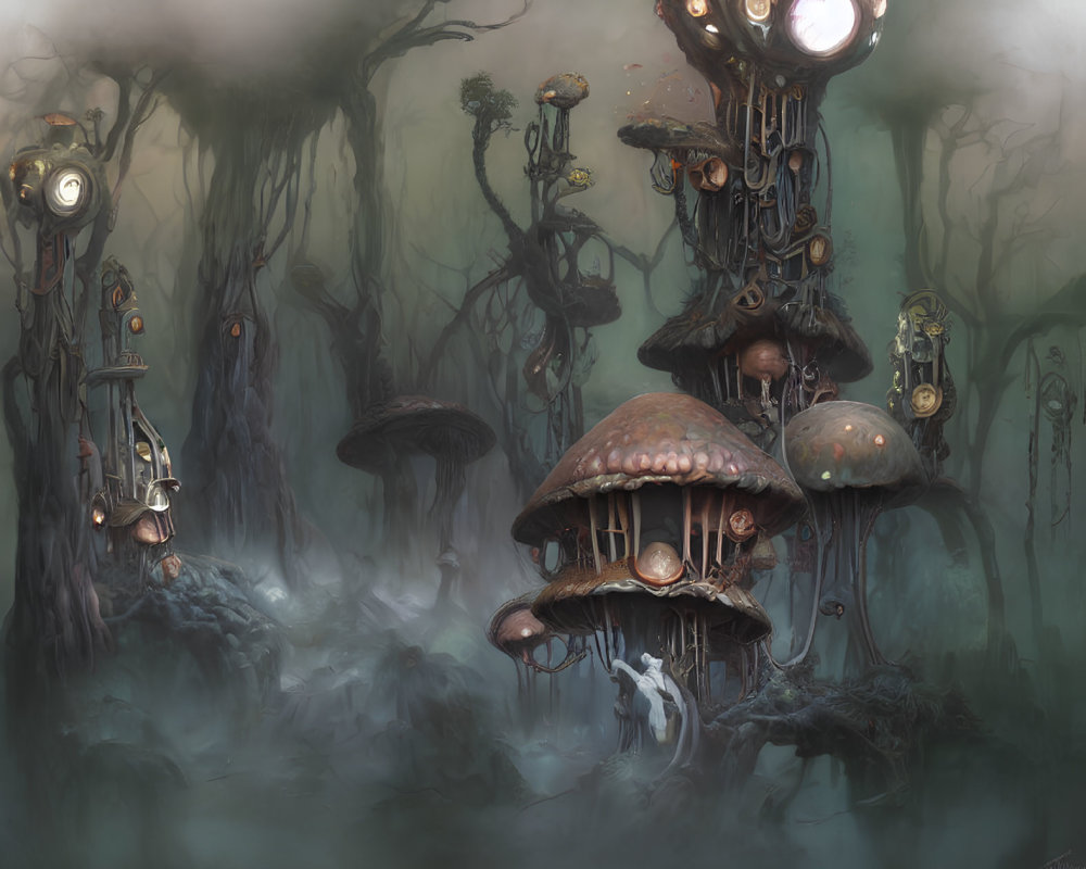 Fantastical misty landscape with mushroom houses and anthropomorphic trees.