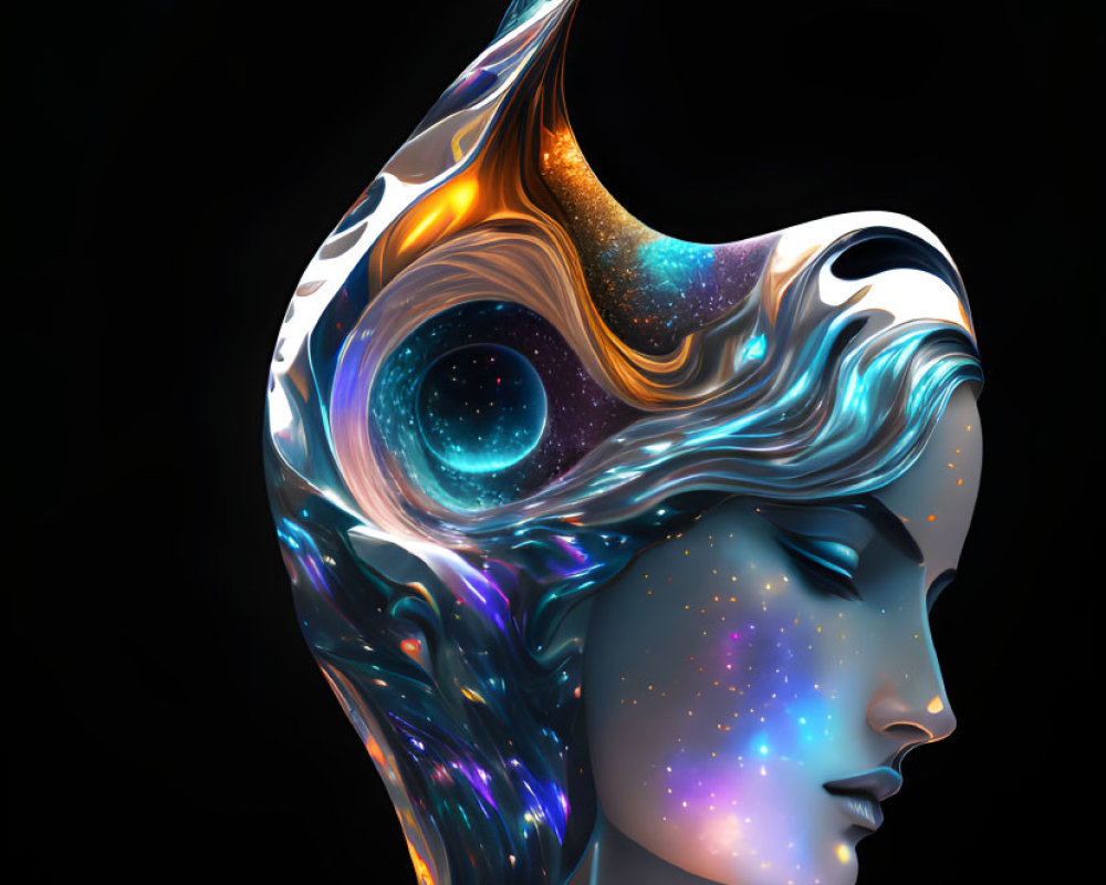 Abstract cosmic-themed headdress in digital artwork of woman's side profile