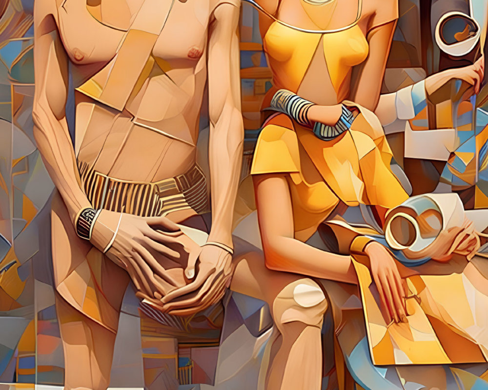 Ancient Egyptian Pharaoh and Queen in Geometric Background