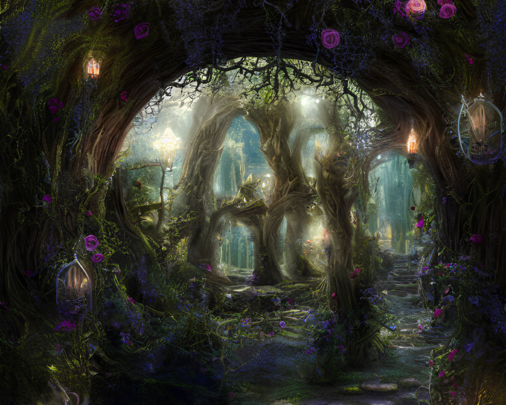 Enchanting forest path with twisted trees, lanterns, and purple flowers