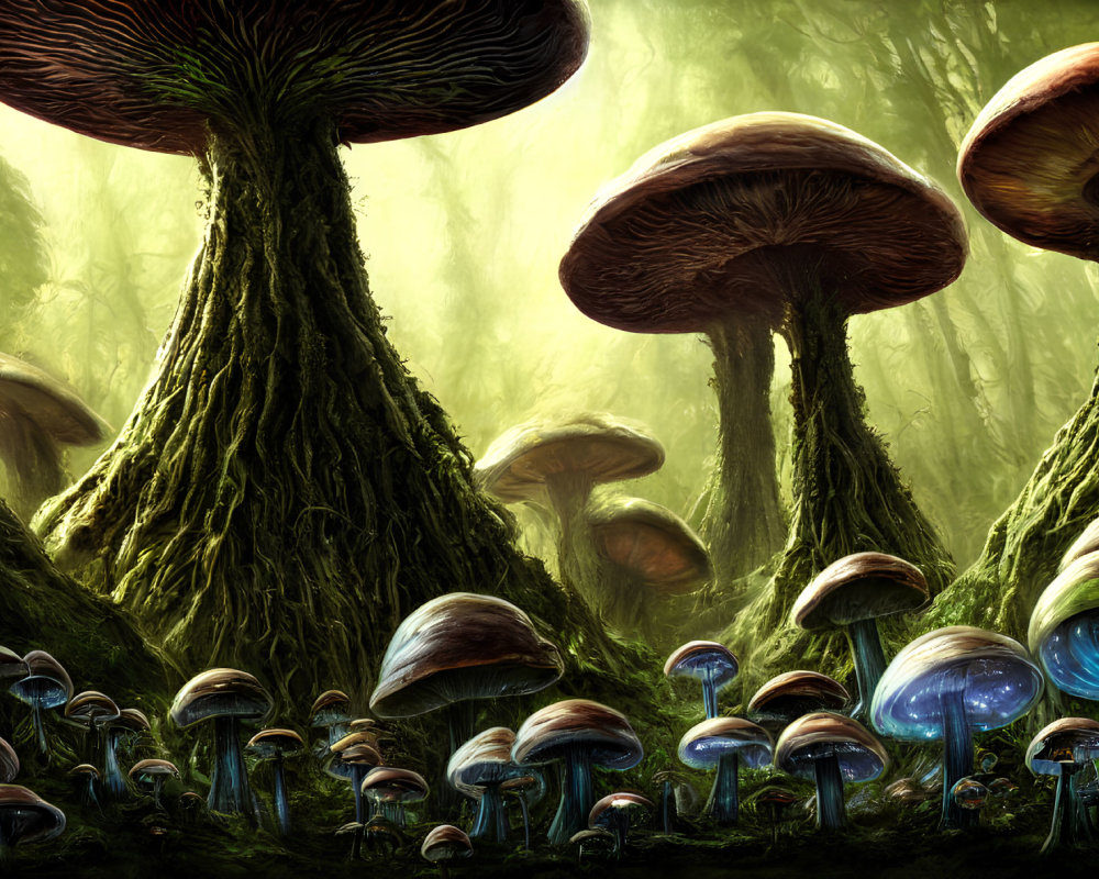 Enchanting forest with oversized mushrooms under magical glow