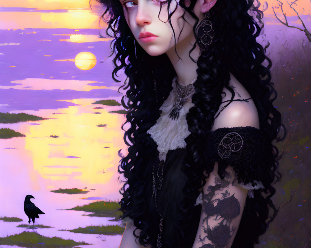 Gothic woman with black hair and tattoos by purple-lit water at sunset