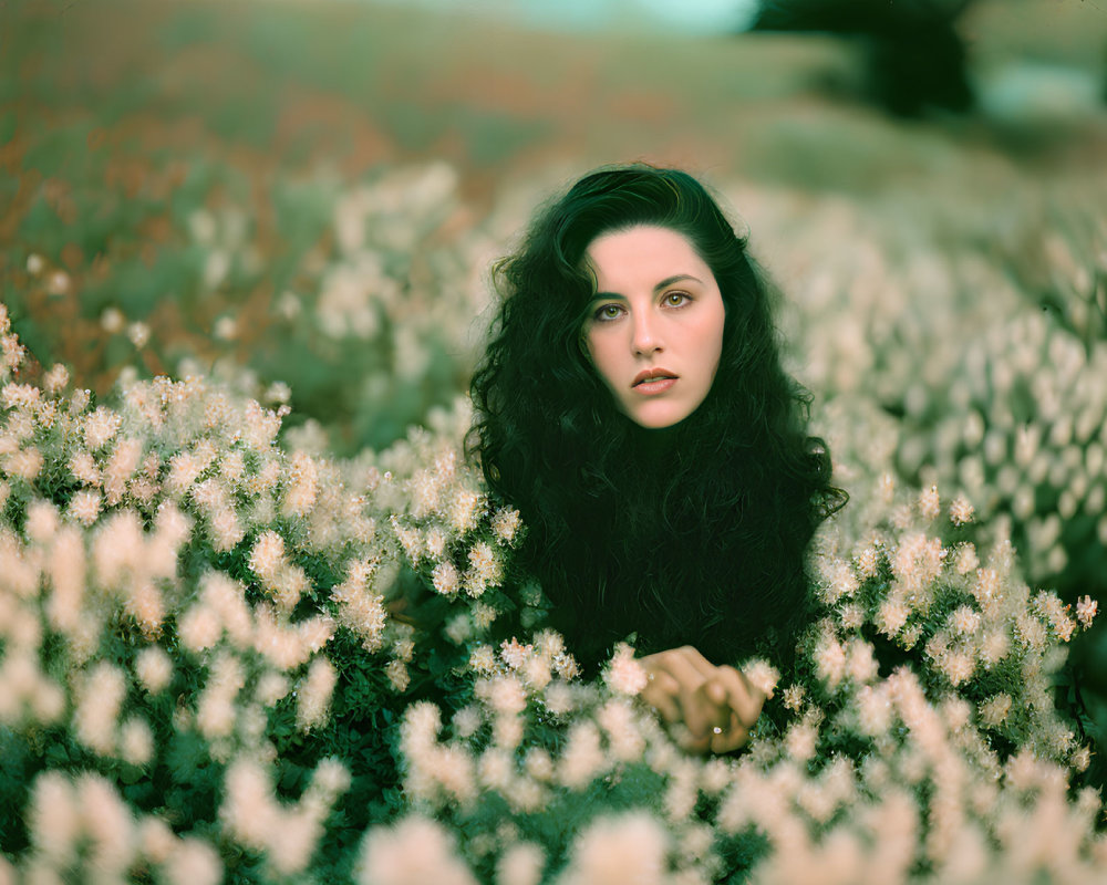 Dark Curly-Haired Woman in Lush Field of White Flowers