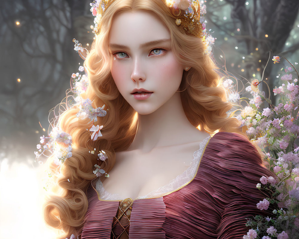 Fantasy-themed digital artwork of a woman with golden hair and floral crown in a mystical forest.