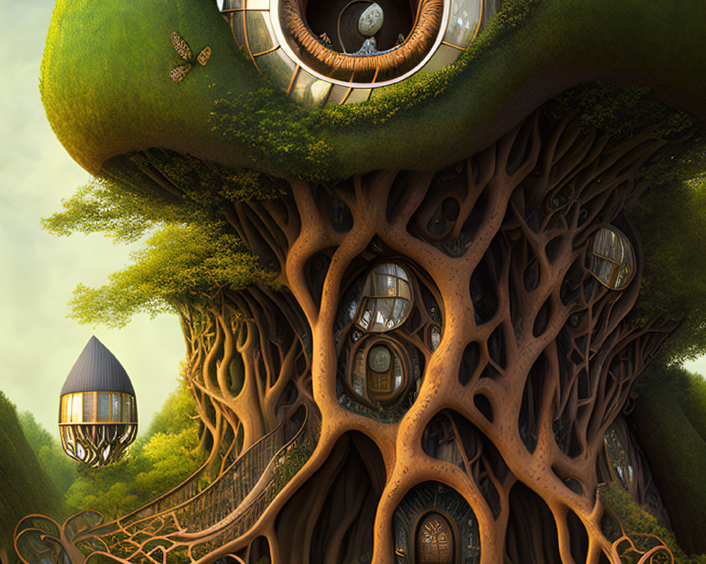 Intricate tree with eye-shaped structure and root-like rooms in lush landscape