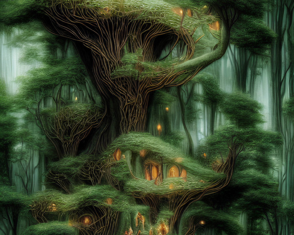 Illustration of Magical Treehouse in Mystical Forest