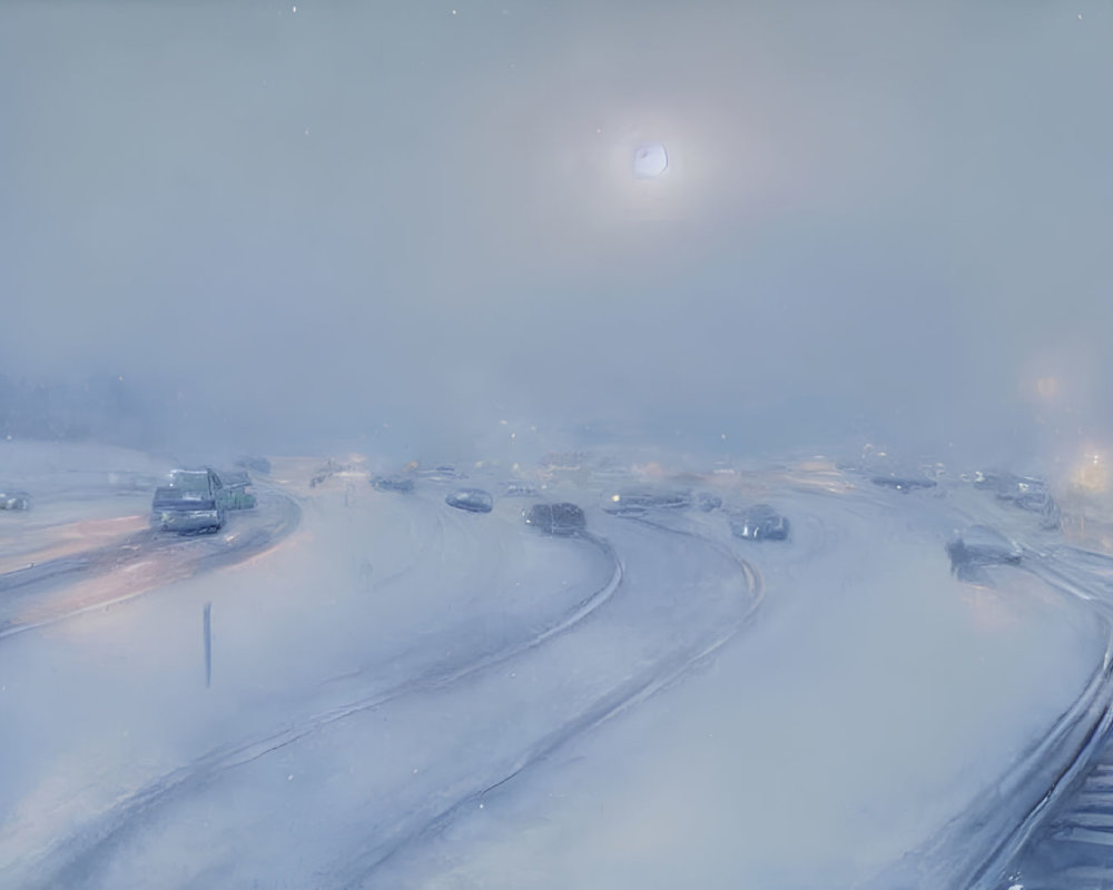 Snowy highway at night: Vehicles in hazy moonlight