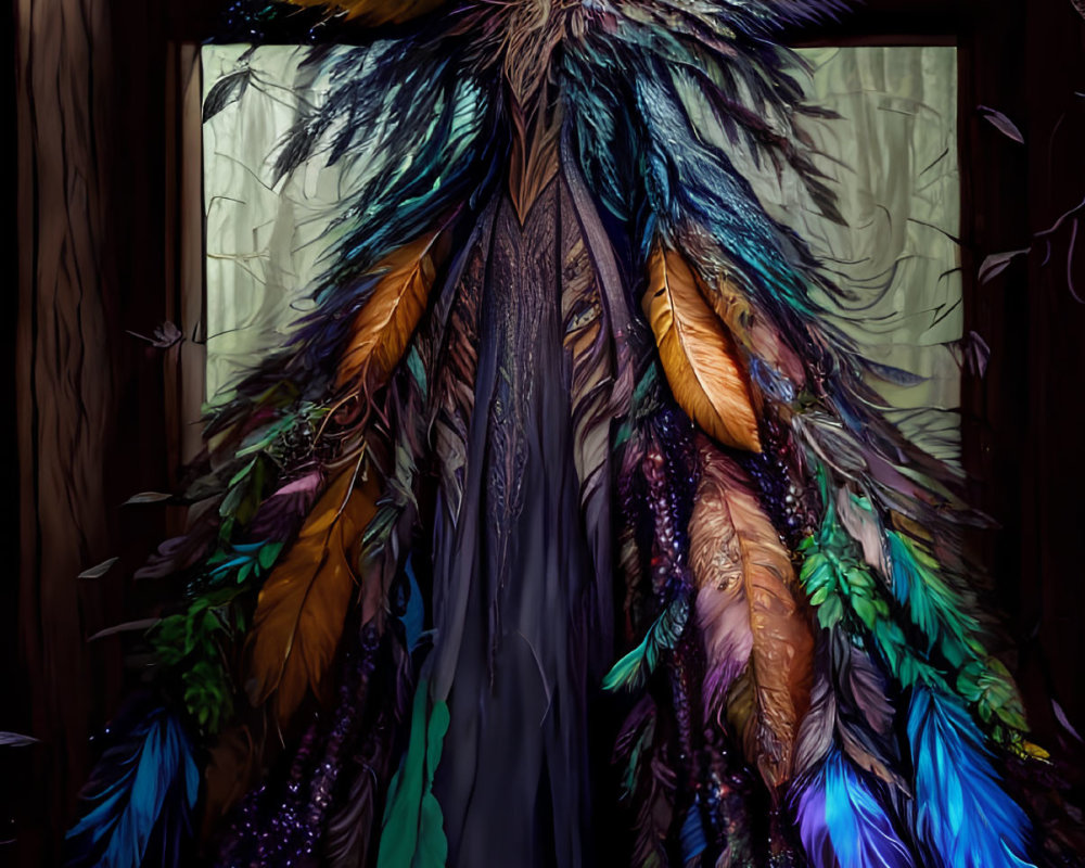 Person in Dark Gown with Colorful Feathered Collar in Dimly Lit Room