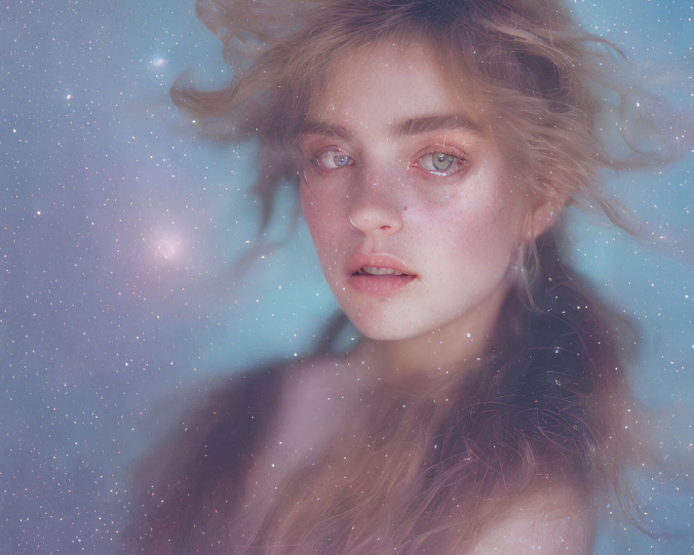 Captivating portrait of young woman with disheveled hair in soft, starry glow