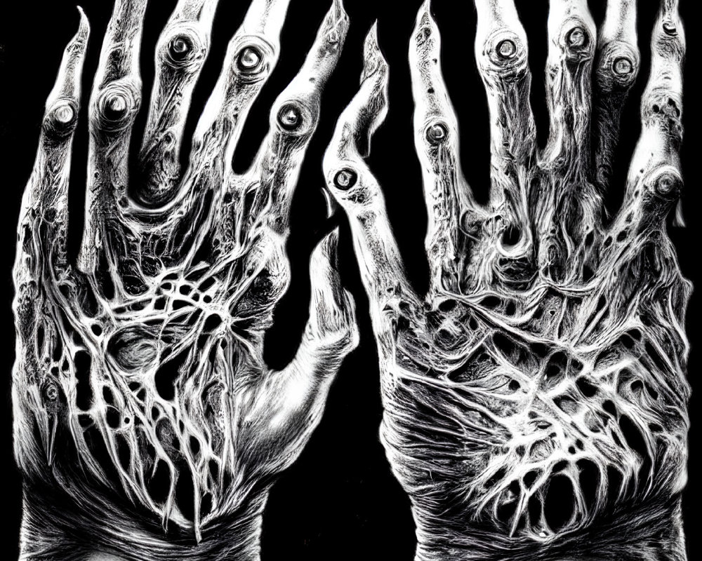 Pair of hands with eyes on fingers and vein-like patterns on dark background