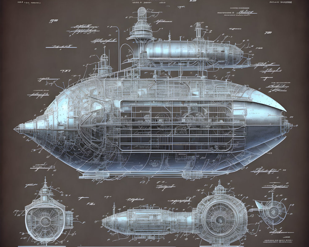 Detailed Vintage Submarine Blueprint Illustration with Cross-Sections