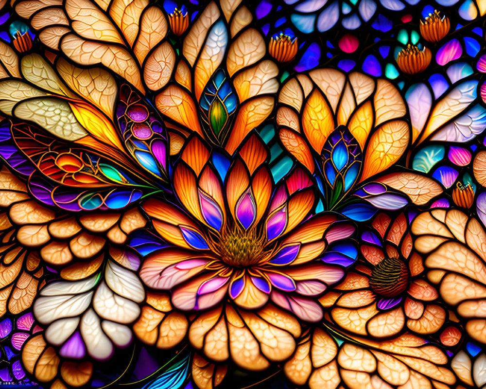 Colorful Stylized Flowers with Glowing Outlines & Intricate Patterns