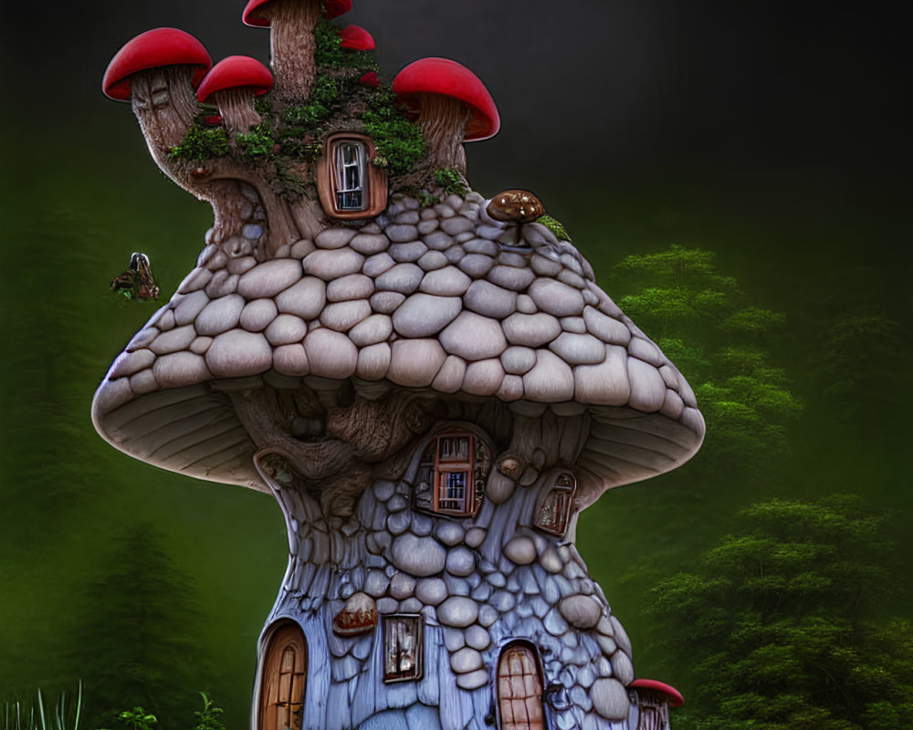 Mushroom House with Red Cap Roofs in Twilight Forest