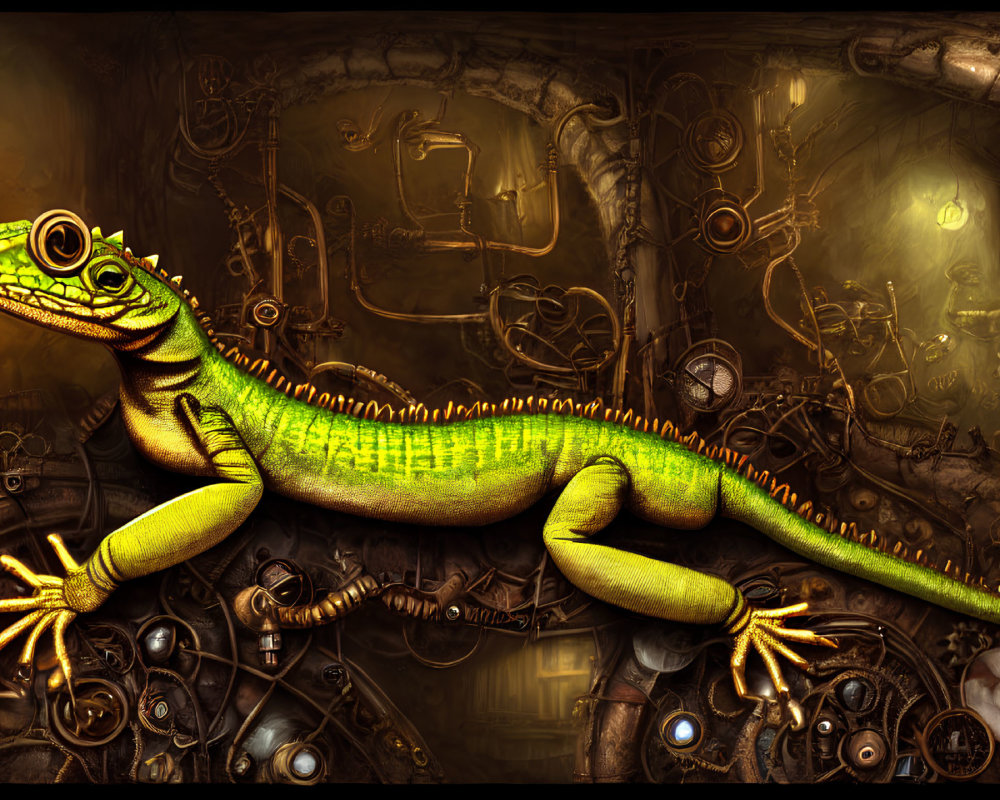 Colorful gecko on steampunk background with gears and pipes