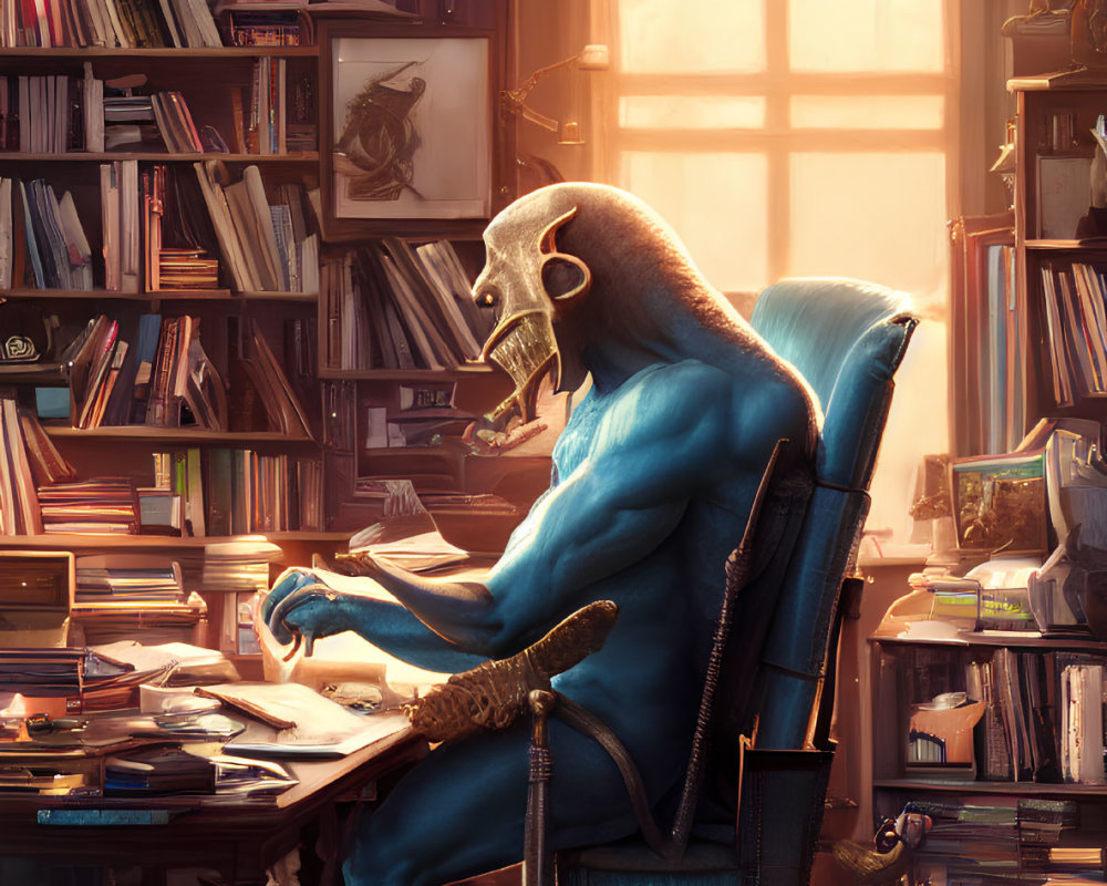 Bird-like mask anthropomorphic creature writing at desk with books under sunlight