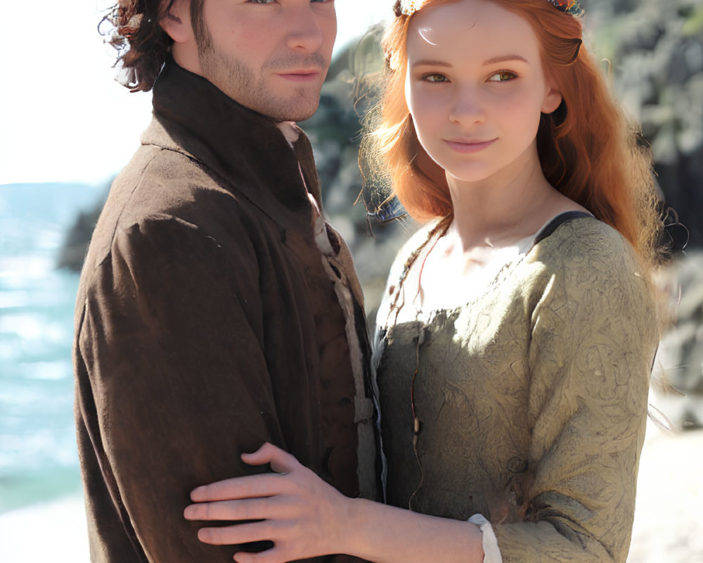 Historical clothing couple embracing on sunny beach with rocks