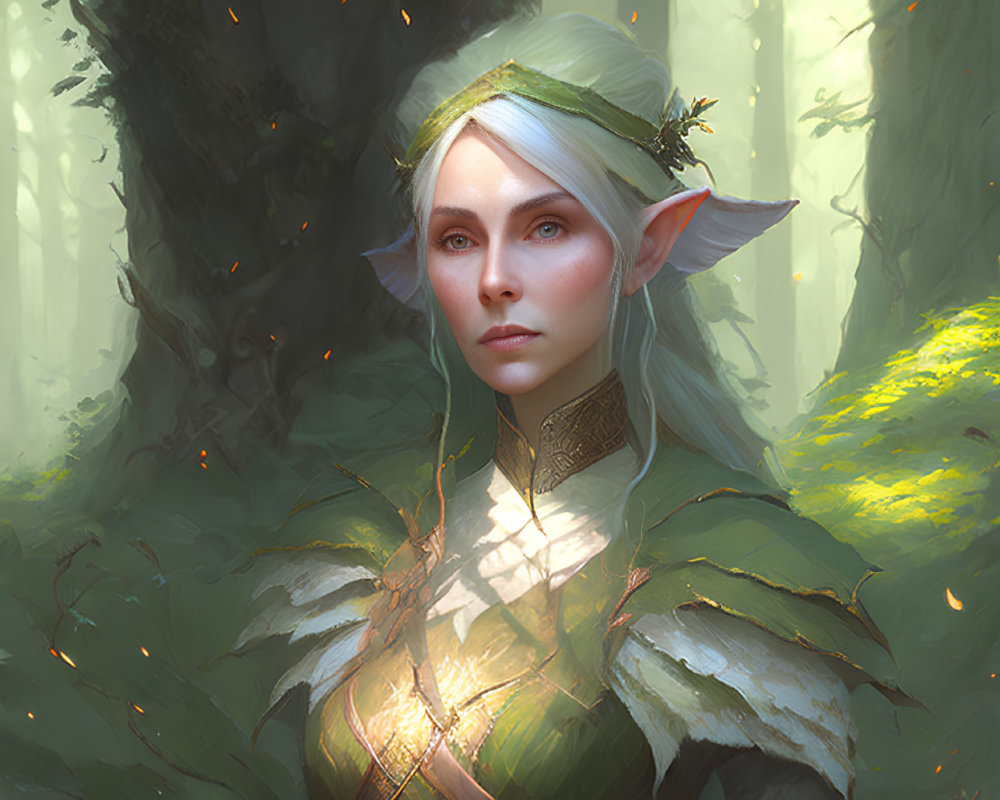 Ethereal elf in forest attire with striking eyes and pointed ears among sunlit woods