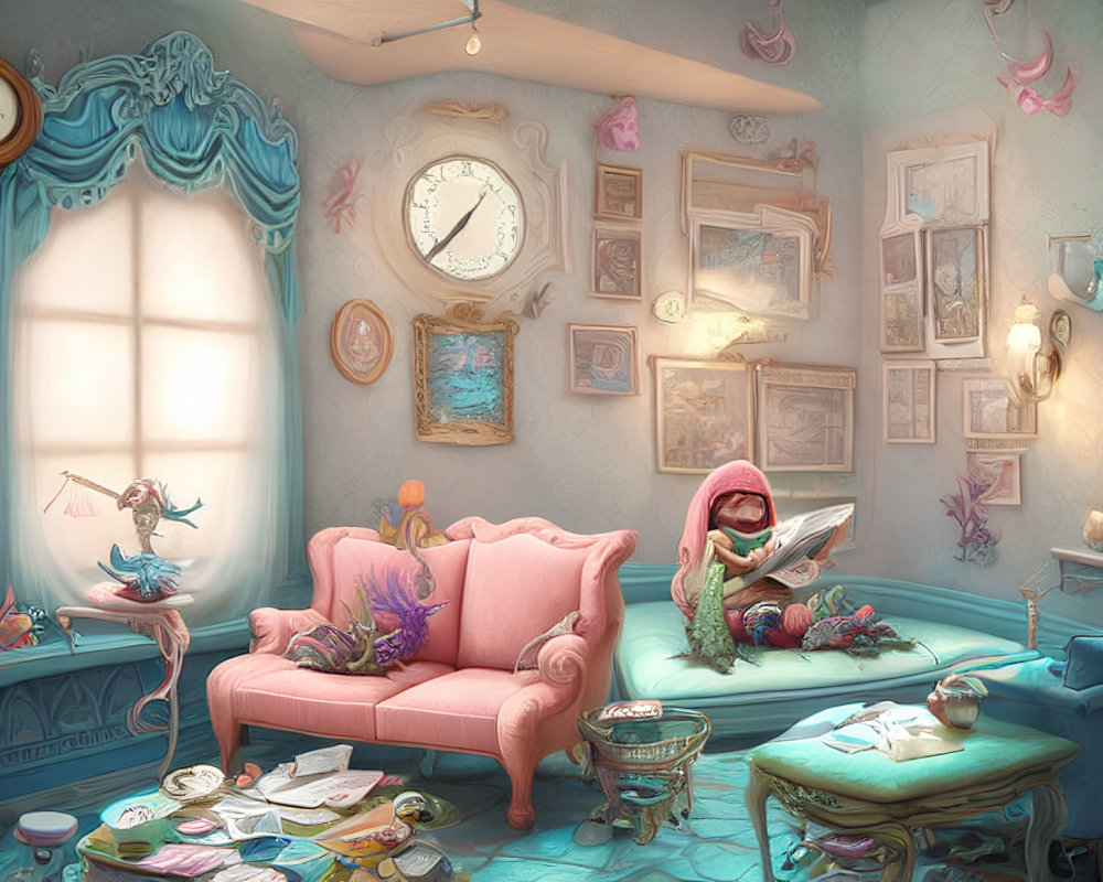 Whimsical pastel room with pink couch, flying books, wall clocks, and magical elements