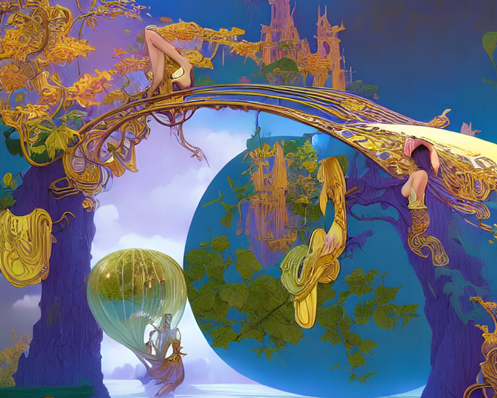 Surreal landscape with golden tree archways and floating islands